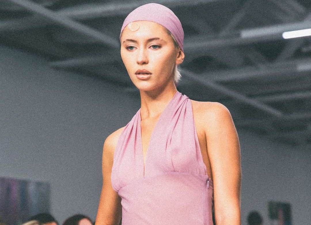 On Pop Spring Summer 2026Look 2Iris Law wears the dead stock silk georgette Kiera dress and head (1)